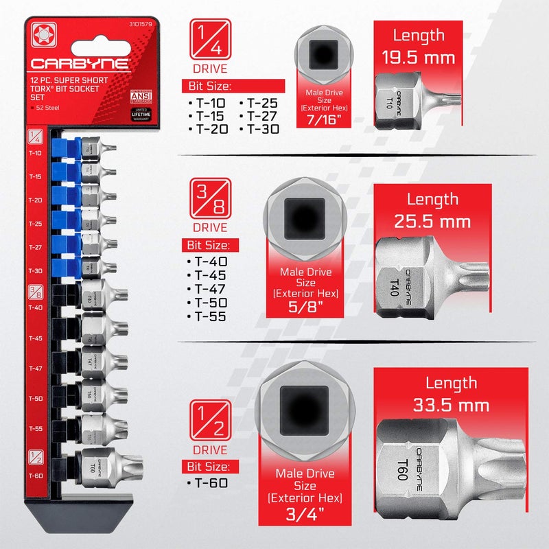 CARBYNE 12-Piece Torx Super Short Low Profile Bit Socket Set | T10 to T60 Sizes, Dual-Drive: Internal Square Drive & External Hex Drive â€¢ From a Family-Run Tool Company in the U.S. - Image 2